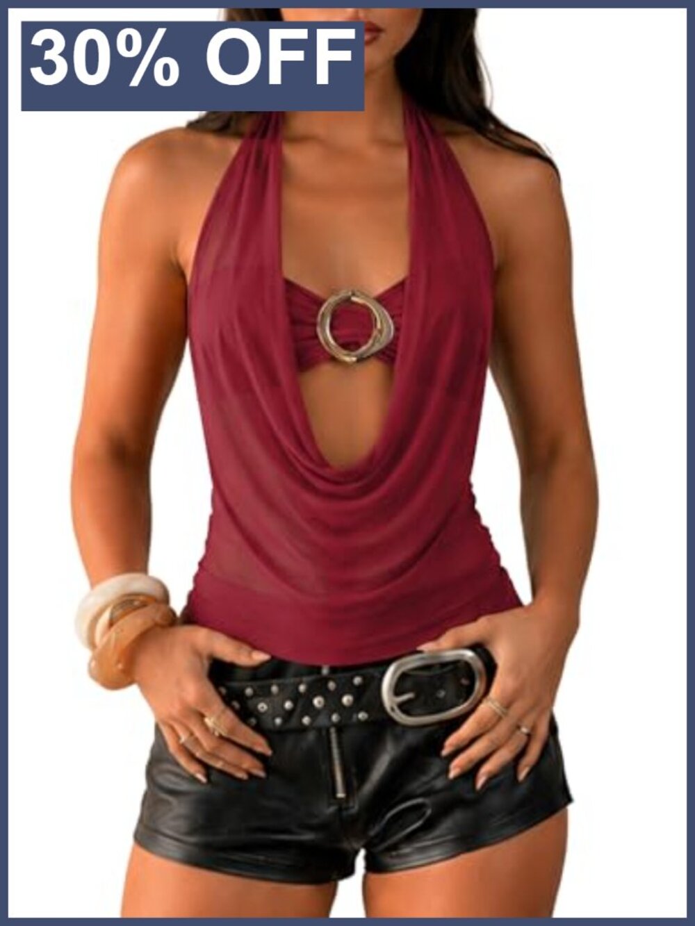 Women's Sheer Mesh Halter Crop Top Cowl Neck Metal Ring Y2K
